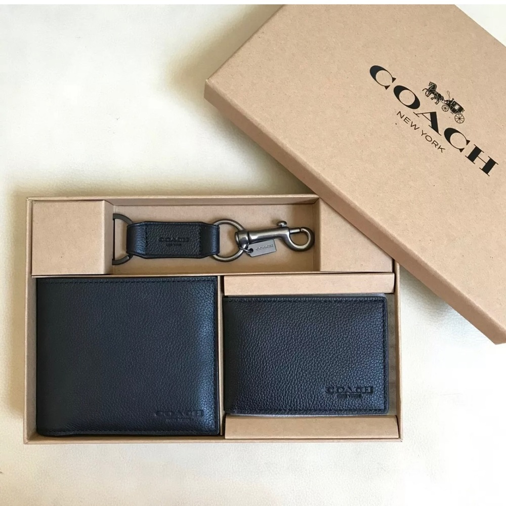 💜 🎁Coach Men's Compact ID Sport Calf Leather Gift Set.